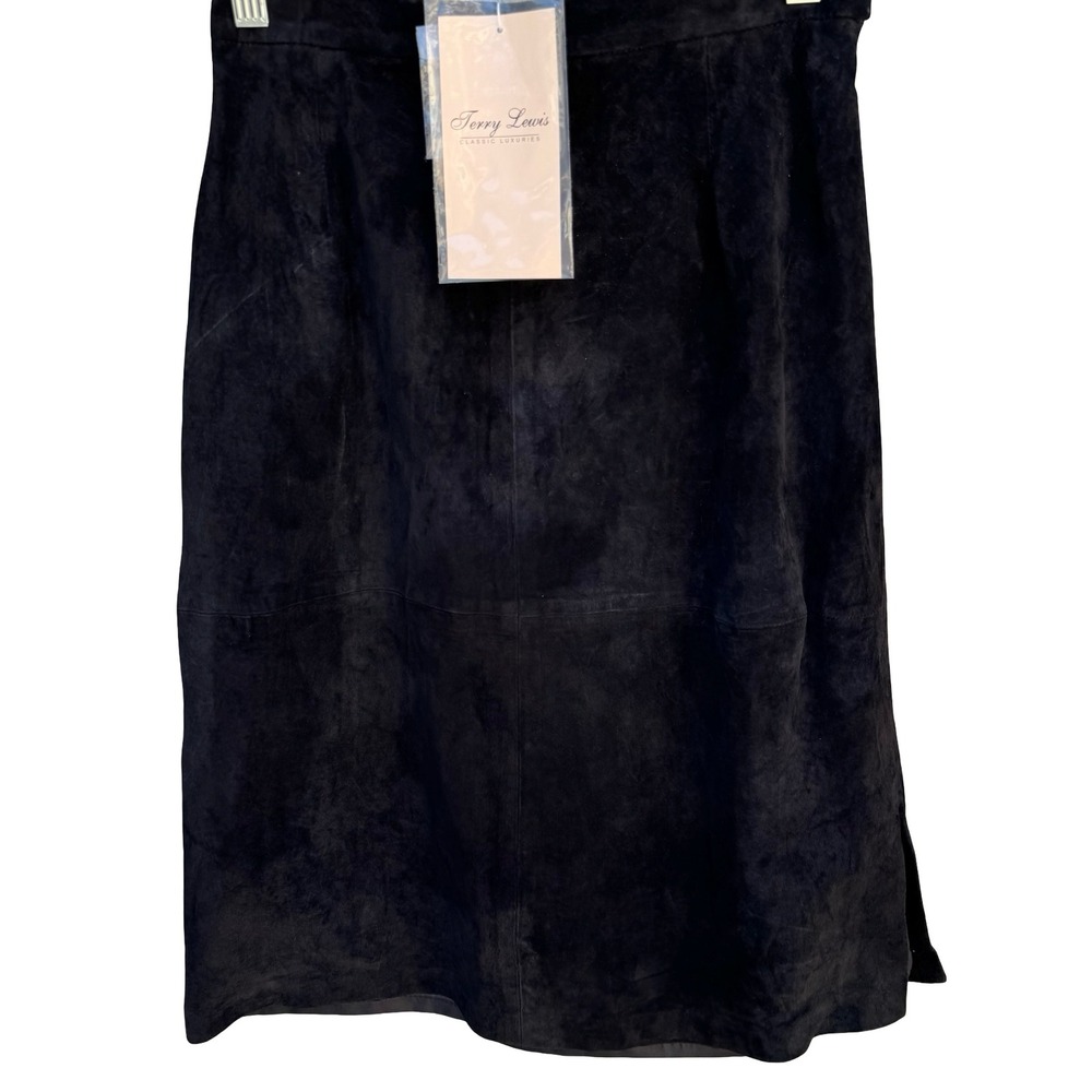 Terry Lewis 90s Minimalist Glam Goth Grunge Suede Leather Midi Skirt Black 6 NEW
